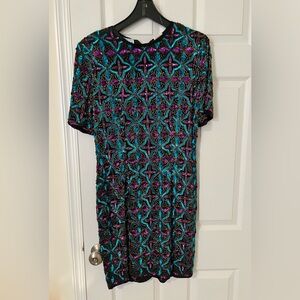 Vintage Sequin Party Cocktail Dress Peacock Colors